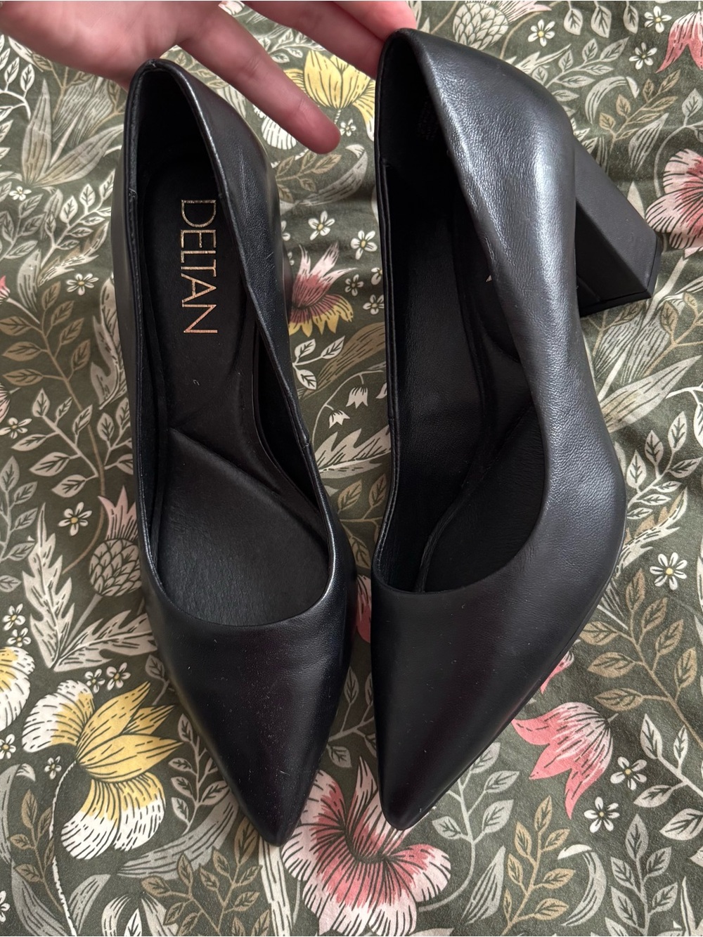 Deltan Black Pointed Block Heel Pumps